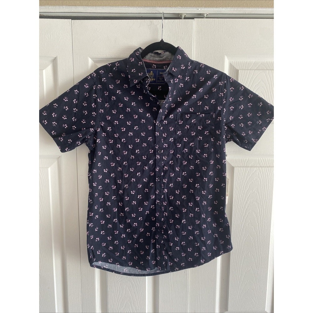 Rugby University Floral Button Down Mens Size S‎ Navy Blue Short Sleeve Cotton